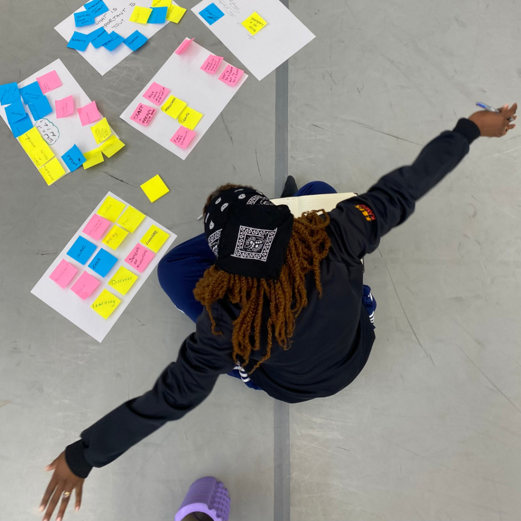 An overhead shot of Birmingham CROWD residency artist Chelsea Gordon sits cross legged on a grey floor, arms outstretched in the air either side of her. Chelsea is wearing a black bandana in her hair which is styled in long braids. She is also wearing a longsleeved black top and trousers. Sheets of paper and post-it notes are scattered on the floor in front of them.