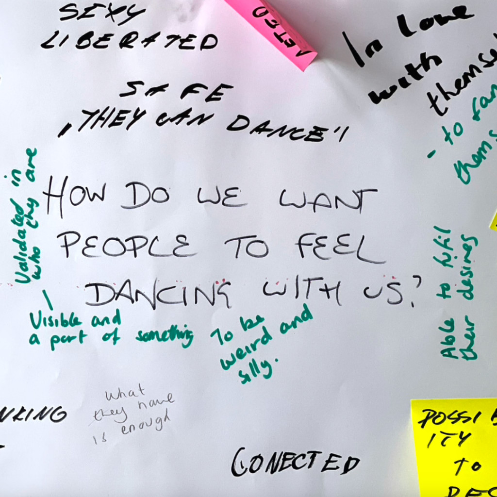 A sheet of white paper with ideas written in various coloured markers on the paper and on post-it notes. In the centre it reads "How do we want people to feel dancing with us?". Some ideas scribbled around it ready "sexy, liberated, connected, safe"