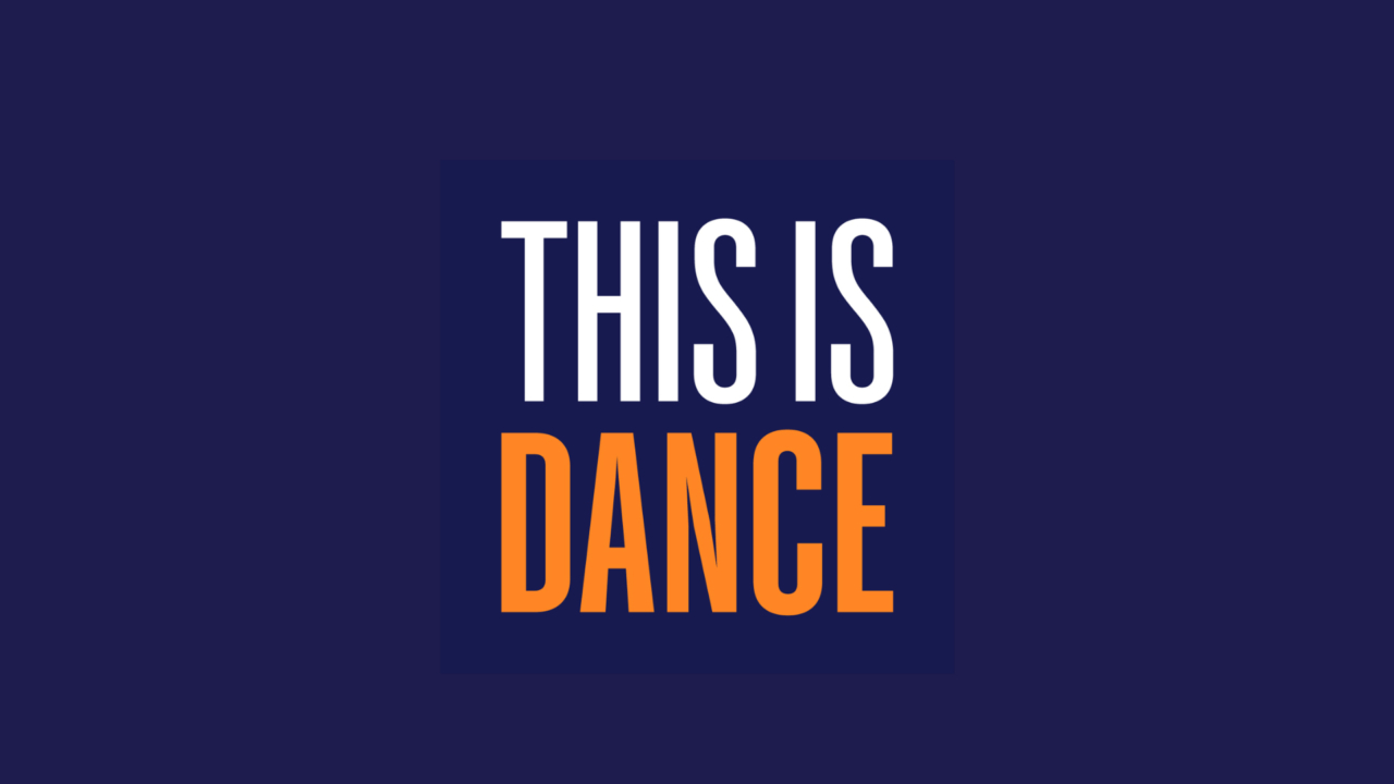 THIS IS DANCE logo on a navy blue background with the word dance in orange